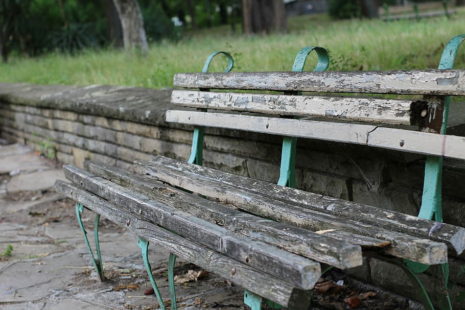 Bench, Old, Broken, Dirty, Wooden, Tree, metal, paint, green HD wallpaper