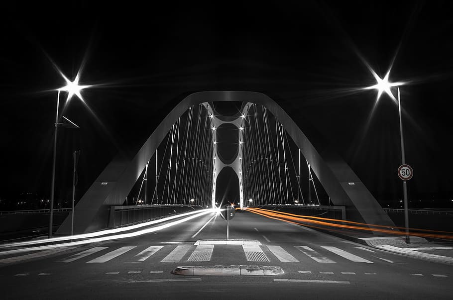 architecture, bridge, structure, pole, lights, pedestrian, road HD wallpaper