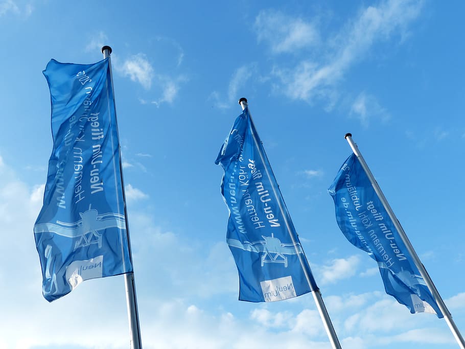 flags, blue, blow, flutter, sky, flagpoles, hoist, hoisted HD wallpaper