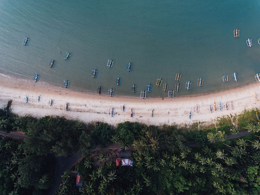 people on seashore during daytime, top view photo of boats at sea shore HD wallpaper