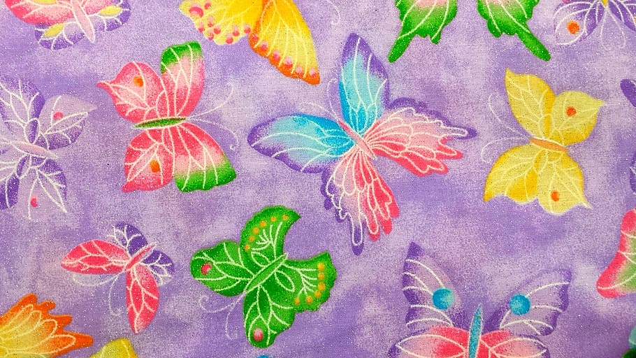 purple and multicolored butterfly printed textile, fabric, cloth