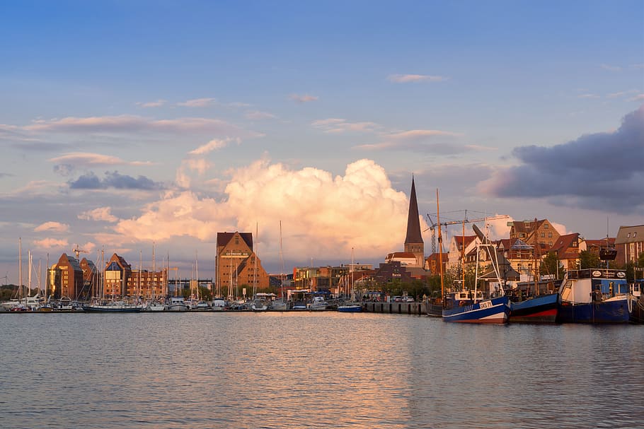rostock, memory, hanseatic city, cloudy, sky, cityscape, lake HD wallpaper