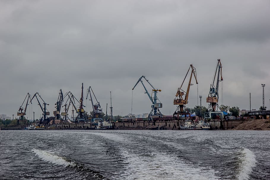 River, Cranes, Industry, Plants, development, kam, commercial dock HD wallpaper