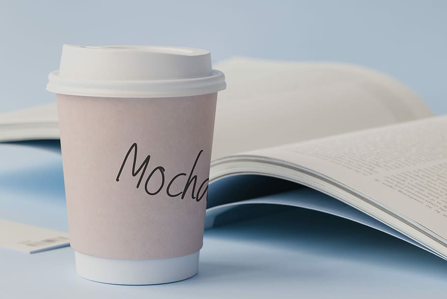 white disposable cup near book, mocha, coffee, reading, blue HD wallpaper