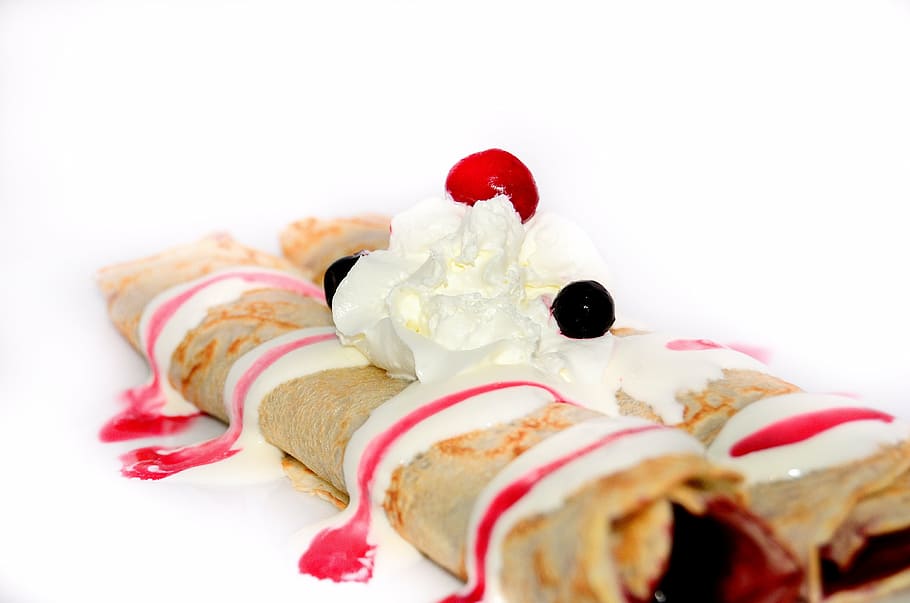white icing and red cherry, pancakes, dessert, fruit, sweets HD wallpaper