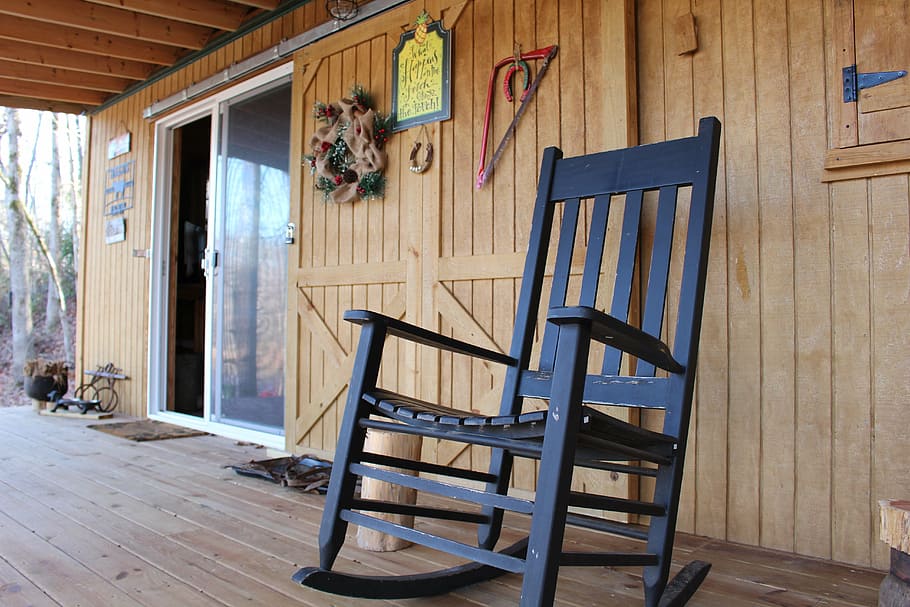 black wooden rocking chair near glass door panel, fall, autumn, HD wallpaper