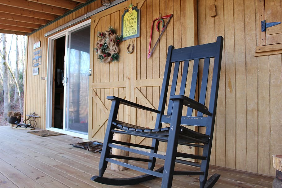 black wooden rocking chair near glass door panel, fall, autumn HD wallpaper