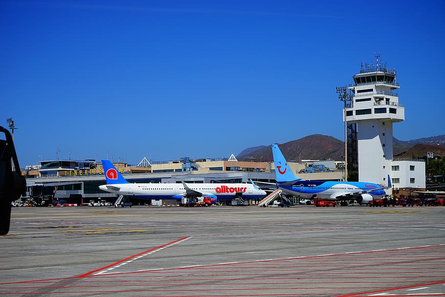 airport, tenerife, runway, aircraft, tower, reina sofía, tenerife south, HD wallpaper
