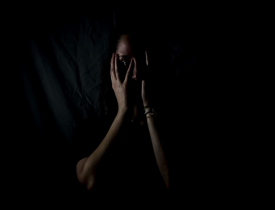 woman holding her face in dark room, untitled, F E A R, E S, S S, HD wallpaper