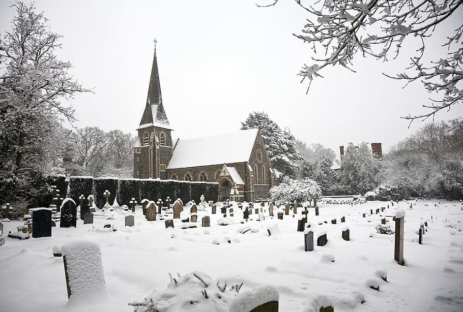 Church, Graveyard, Snow, religious, stone, churchyard, burial, HD wallpaper