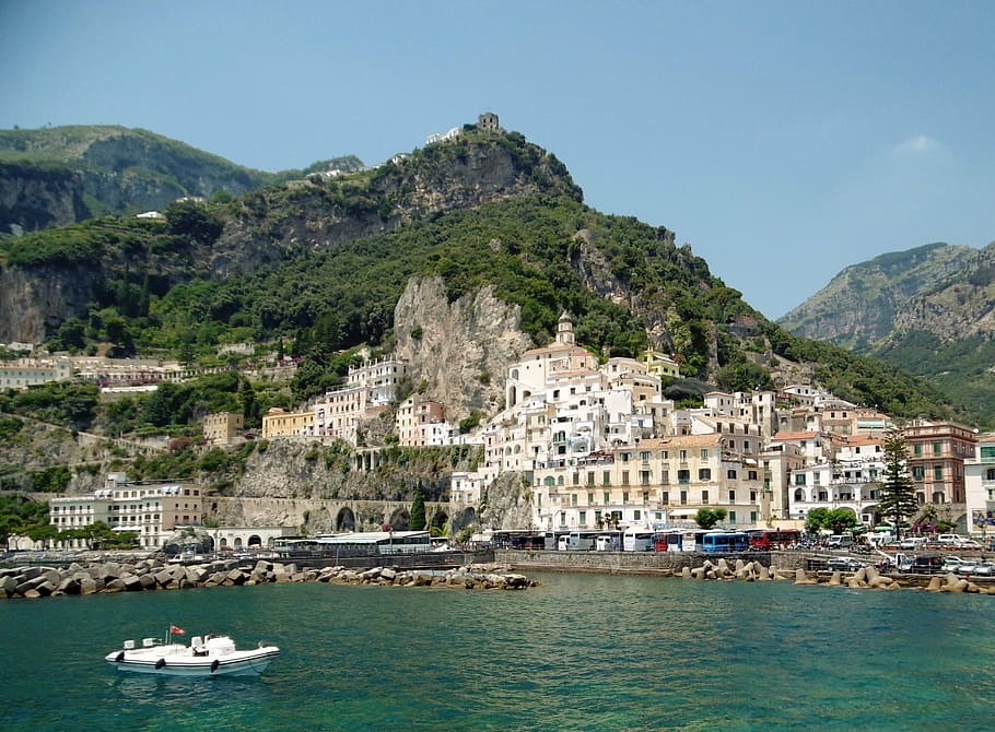 mountain, coastline, mediterranean, nautical vessel, architecture HD wallpaper
