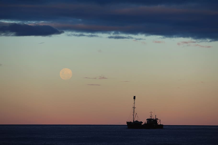 dusk, ocean, boat, ship, moon, moonrise, dawn, silhouette, water HD wallpaper