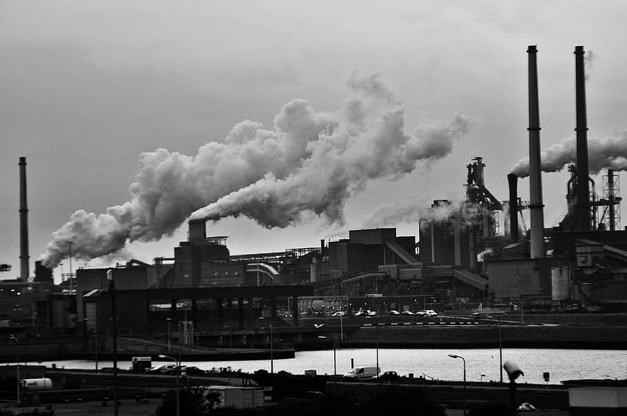 Grayscale Photography of Locomotive Train Beside Factory, air pollution