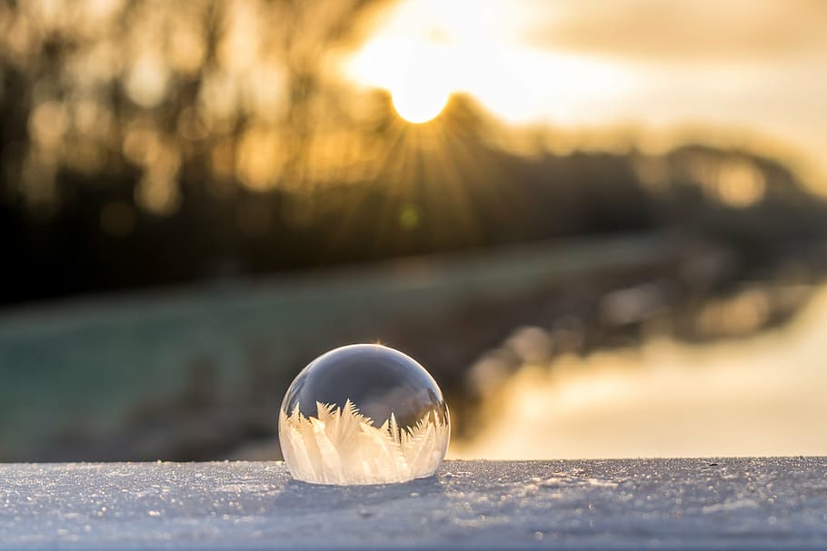 clear glass ball, soap bubble, frozen, winter, frozen bubble HD wallpaper