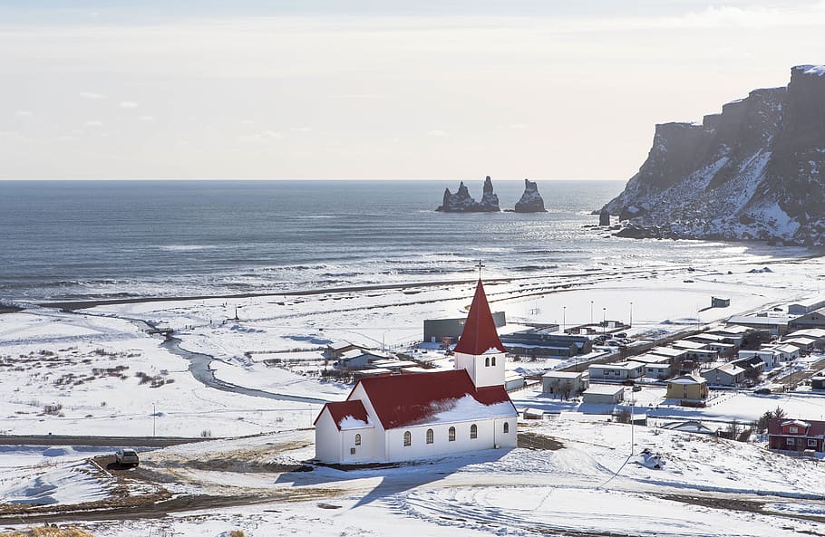 white and red cathedral near a body of water, seaside, cold HD wallpaper