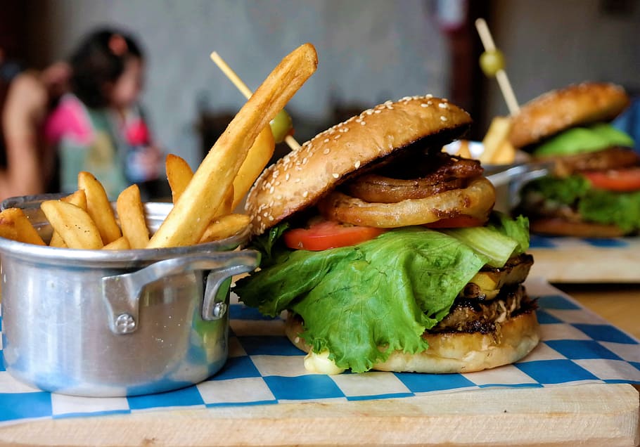 meat burger beside French fries, gourmet, terrace, light, sun HD wallpaper