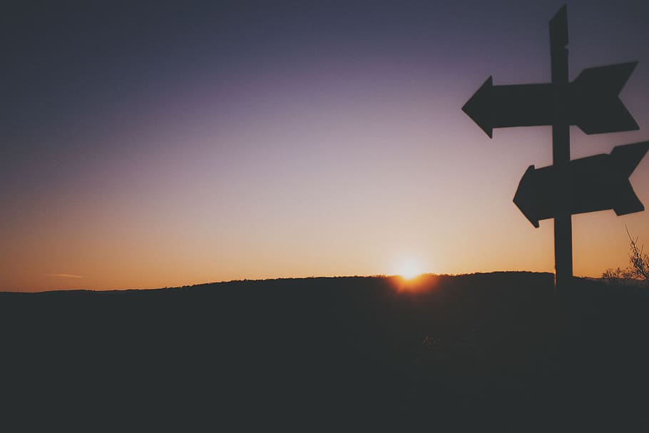 silhouette of two arrows, road sign post, Lost, Wilderness, sunset, HD wallpaper