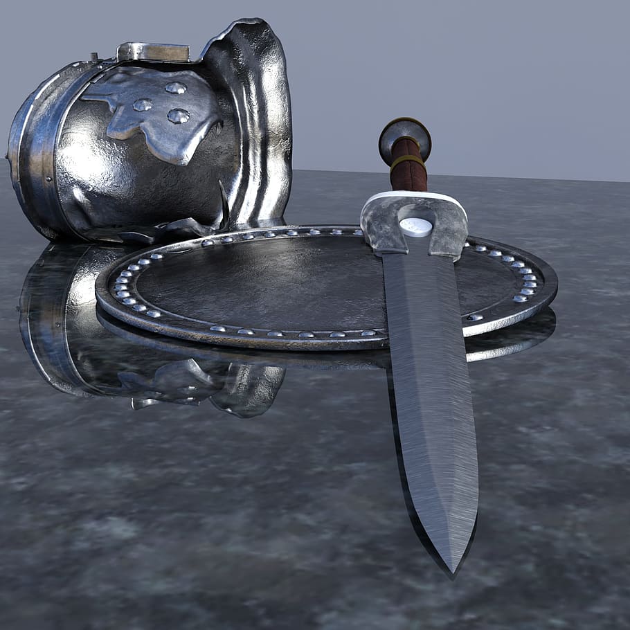 silver sword with shield, helm, weapon, metal, middle ages, historically, HD wallpaper