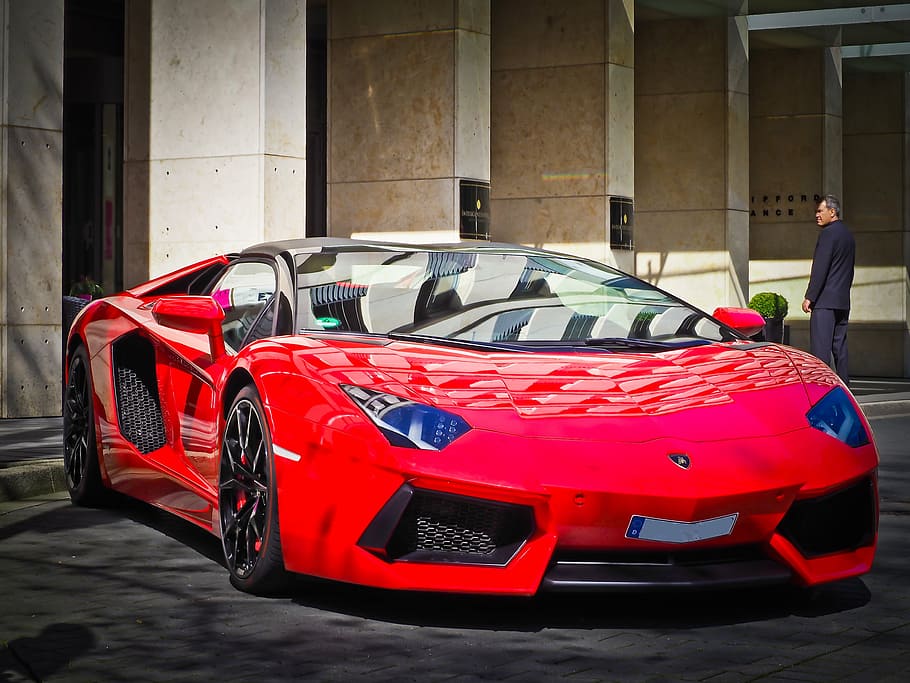 red Lamborghini Aventador sports coupe, racing car, auto, flitzer
