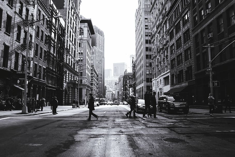 grayscale photography of people crossing road, architecture HD wallpaper
