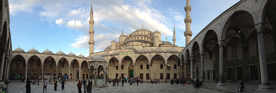 blue mosque with people on the ground, Turkey, Istanbul, arch HD wallpaper