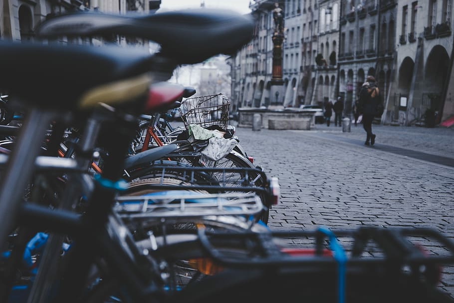 assorted city bicycle on gray concrete road, street, urban Scene HD wallpaper