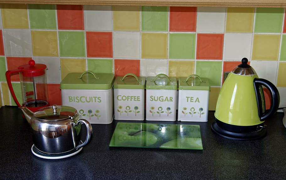 kitchen, kettle, tiles, coffee, tea, home, household, domestic HD wallpaper