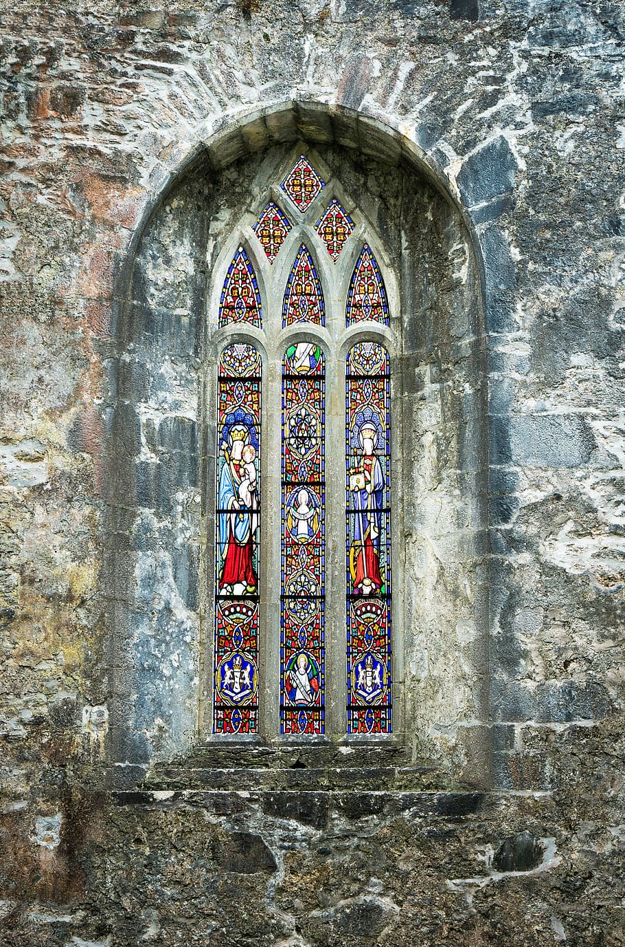 gray and black concrete window with religious glass, church HD wallpaper