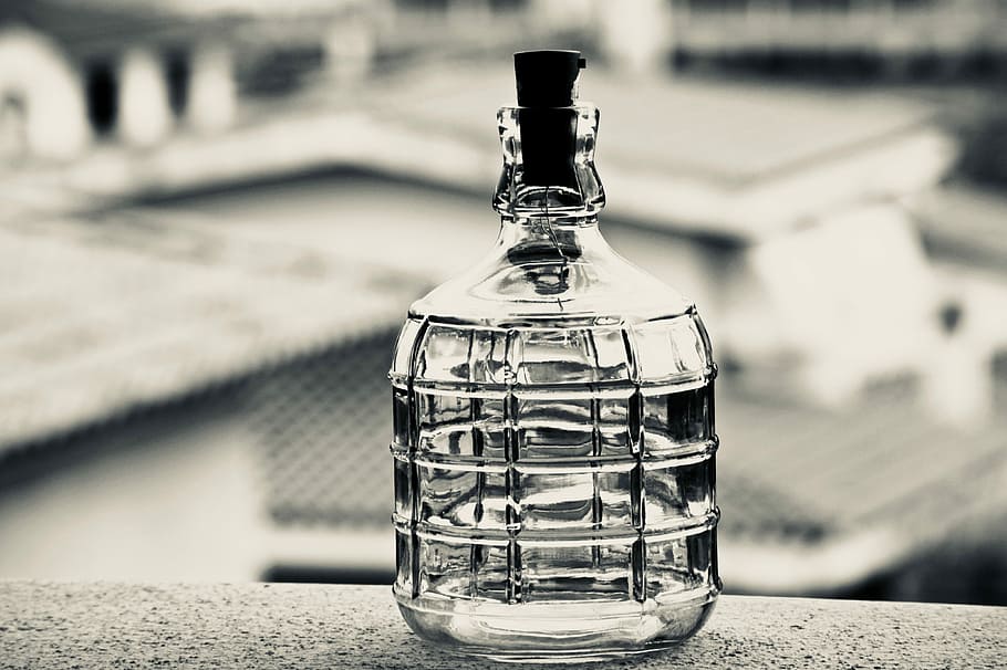 bottle, glass, container, white black, terrace, lights, landscape HD wallpaper