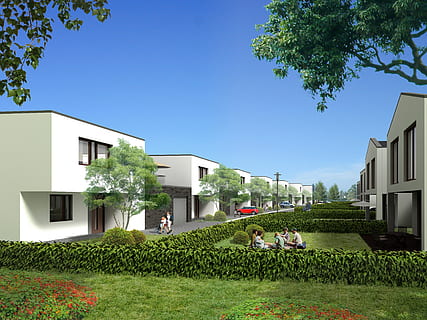 two white concrete houses under blue sky, semi-detached house HD wallpaper