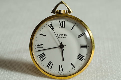 gold-colored pocket watch displaying 5:43, clock, time, collection HD wallpaper