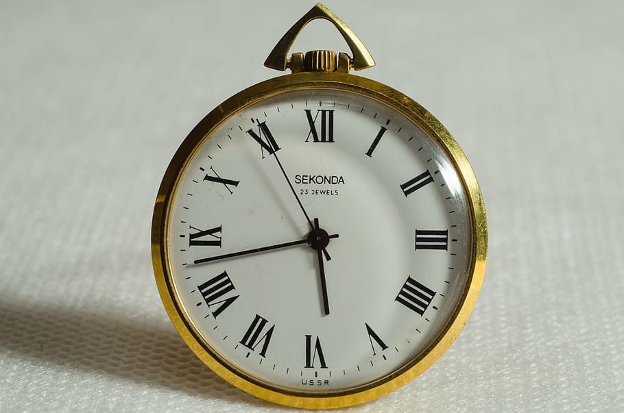 gold-colored pocket watch displaying 5:43, clock, time, collection HD wallpaper