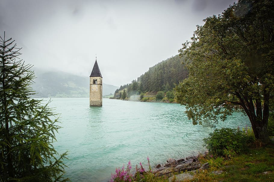 water, valley, river, lighthouse, clock, time, old, numerals HD wallpaper