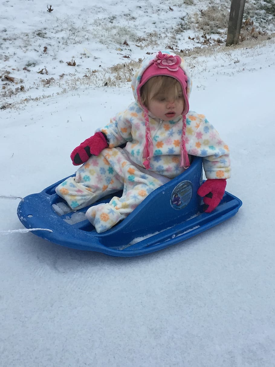 Child, Winter, Snow, Sled, Girl, Cold, frost, cheerful, funny HD wallpaper