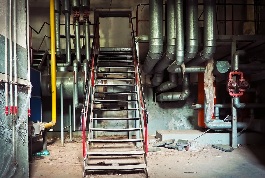 gray underground metal stair, lost places, lapsed, old, leave HD wallpaper