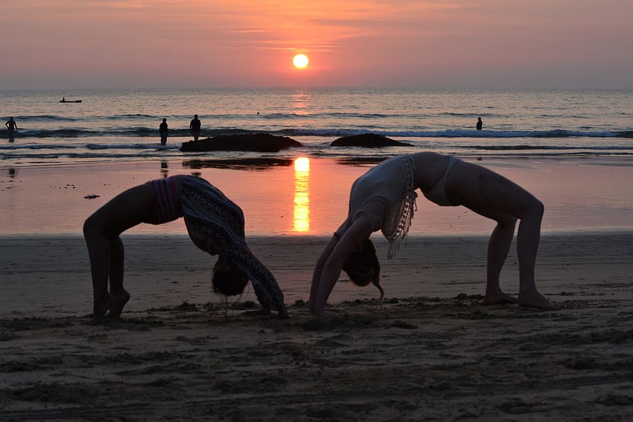 sunset, water, beach, sea, yoga, travel, outdoor, sunlight HD wallpaper