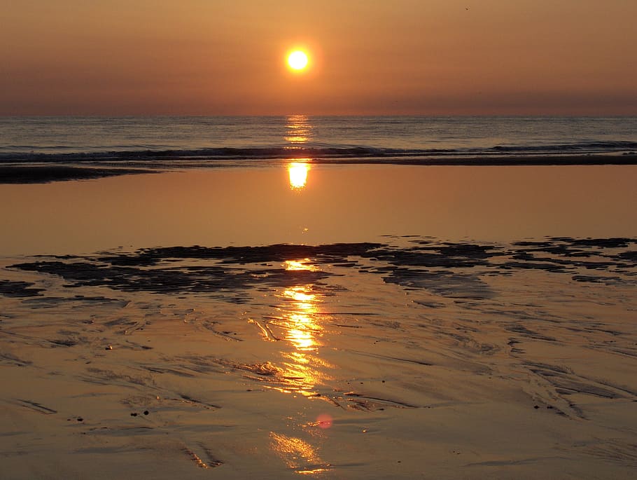 sylt, westerland, north sea, sunset, sky, water, reflection HD wallpaper