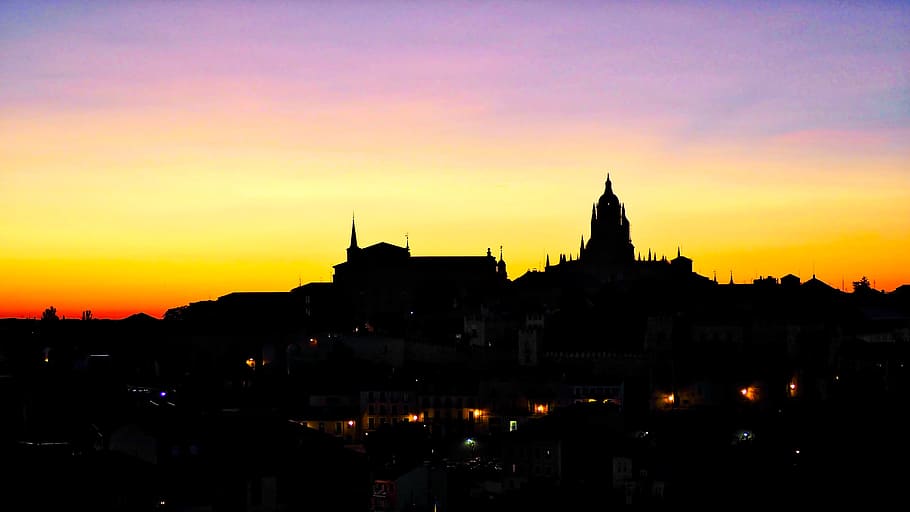 segovia, sunset, lights, sky, profile, architecture, building exterior HD wallpaper