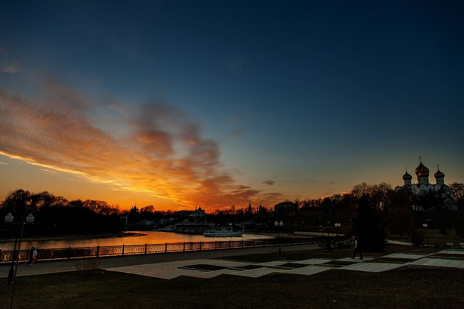 city, sunset, arrow, landscape, russia, clouds, summer, architecture HD wallpaper