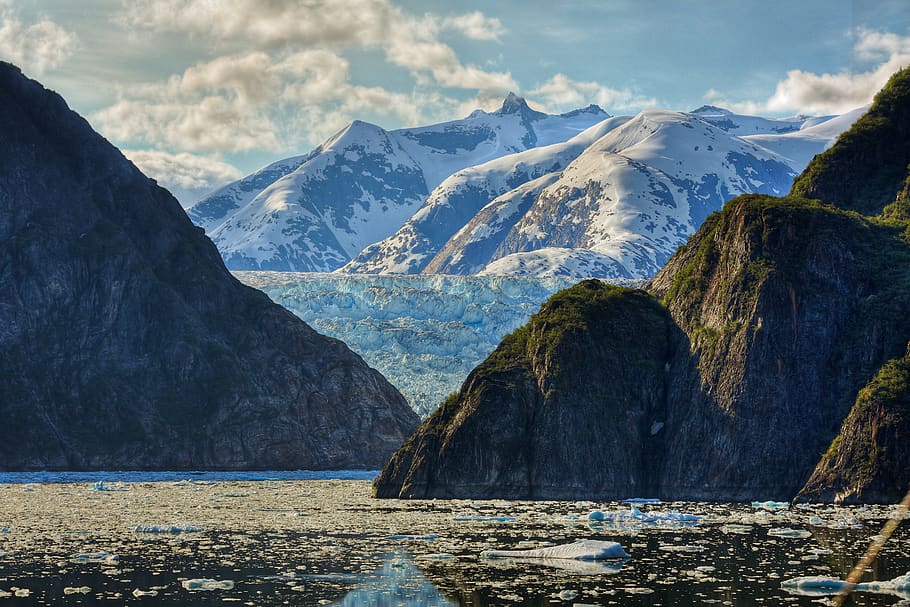 landscape, mountains, massive, glacier, tongue, ice front, water, HD wallpaper
