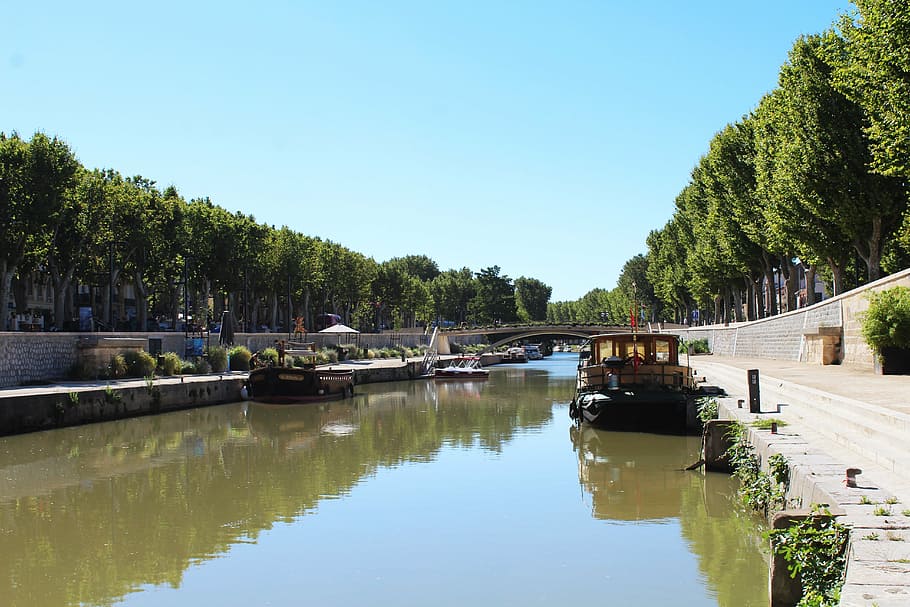 narbonne, france, channel, boat, water, river, water courses, HD wallpaper