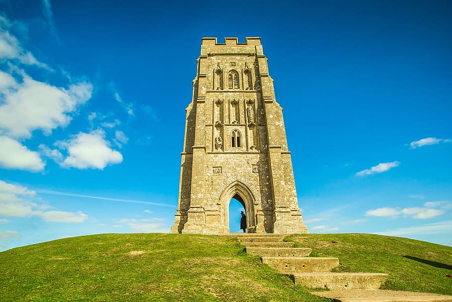 brown concrete building with staircase, glastonbury, monument, HD wallpaper