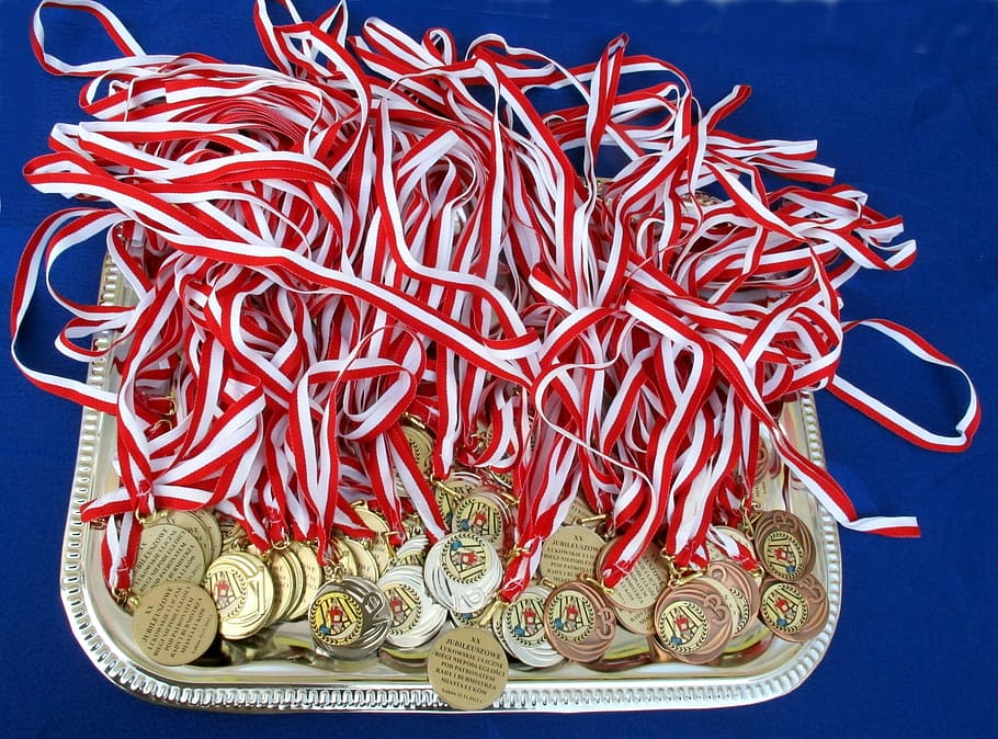 medals, decorations, awards, sport, gold, prize, red, no people, HD wallpaper
