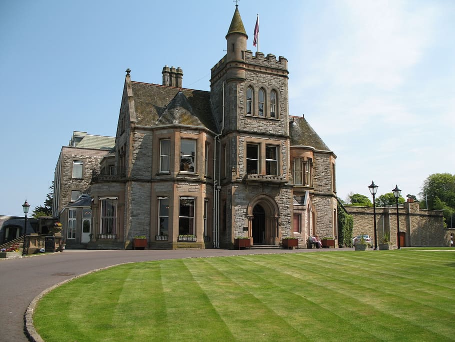 gray concrete house, hotel, castle, building, grass, landmark HD wallpaper