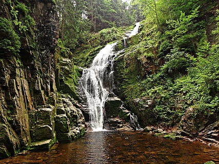 waterfalls surrounded by green trees, landscape, brook, mountains HD wallpaper