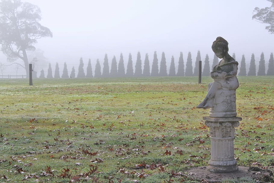 sitting woman statue in green grass field, winter, frost, trees HD wallpaper