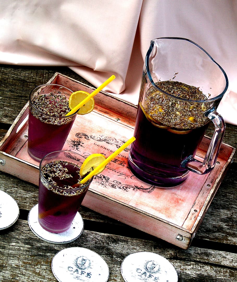 refreshing, syrup, lemonade, glass, terrace, tray, purple, table HD wallpaper