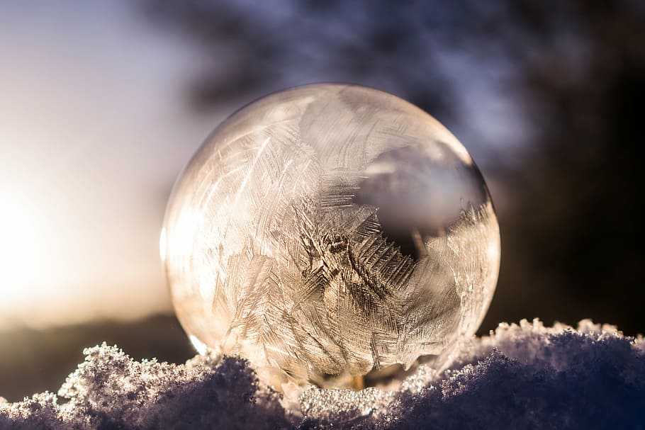 macro photo of crystal ball, soap bubble, frozen, frozen bubble