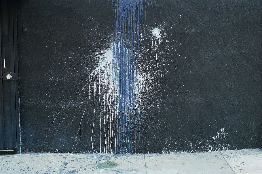 white and blue splatter on wall, paint, door, sidewalk, lock HD wallpaper