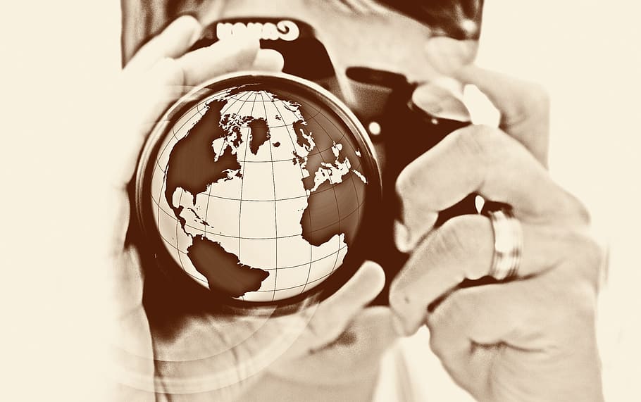 sepia man holding camera, woman, hand, lens, earth, globe, america, HD wallpaper